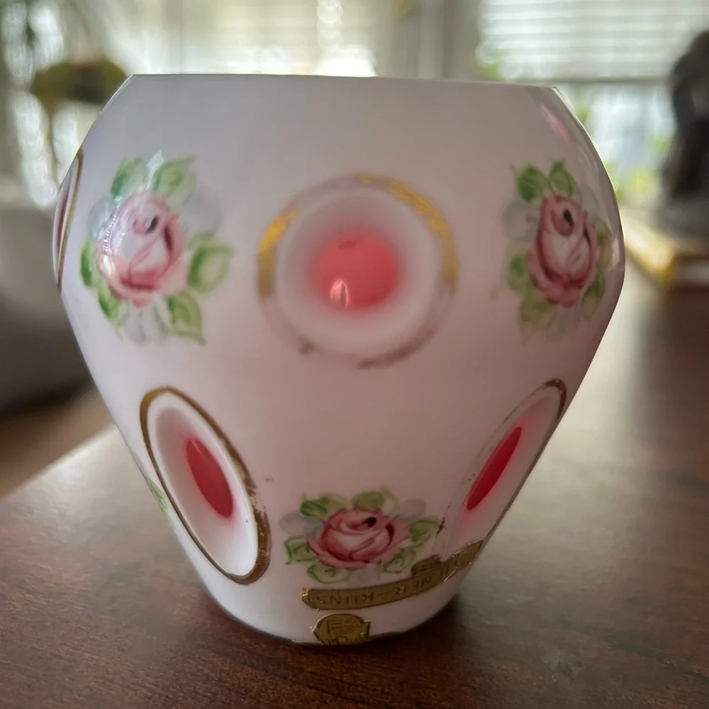 Vintage Famosa LPW Hd Painted Floral Cut Multicolored Glass Gilded Vase Austria